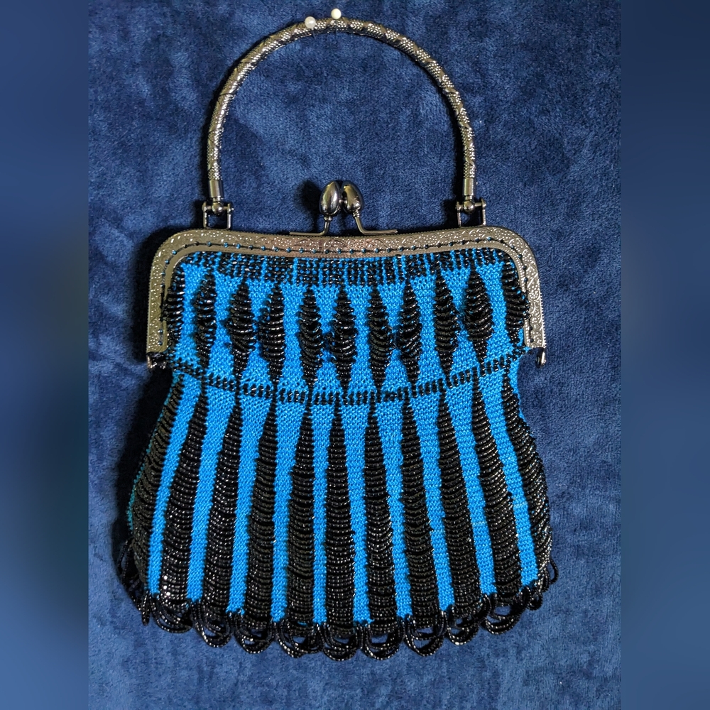 Victorian Style ABSTRACT Black & Blue HndMd Boutique Crystal Bead Heirloom Purse